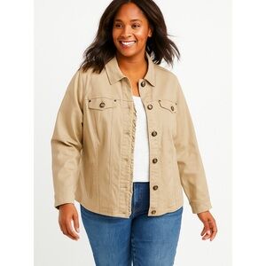 Tan Ruffle Button Front Trucker Jacket Utility Chore Coat Plus Size 14/16 NEW